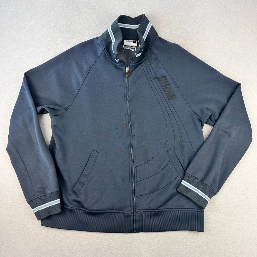 VTG Y2K Puma Track Jacket Mens XL Navy Blue Athletic Full Zip Striped Trim Logo‎
